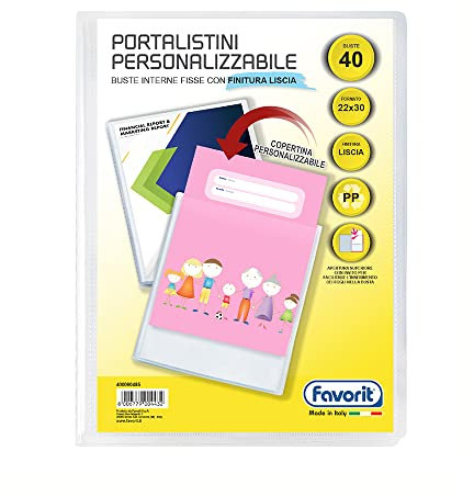 Favorit, Portalistini Personalizzabile, 40 Buste Lisce, Tasca Frontale, 22 x 30cm, Trasparente