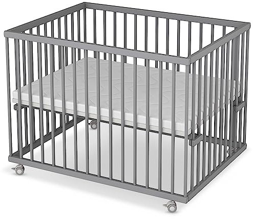 Sämann Laufstall Baby 75x100 cm mit Matratze | TÜV geprüft 2023 | stufenlos höhenverstellbar | Laufgitter Premium | Babybett aus Holz | Krabbelgitter grau