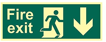 Fire Exit Arrow Down Photoluminescent Sign, Glow In The Dark, Self Adhesive Flexible Vinyl, 400mm x 150mm