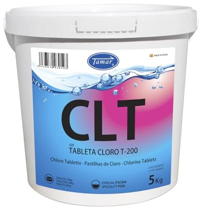 Tamar Cloro Tabletas 200 Grs, Pastillas de disolución Lenta, biocida desinfectante, Mantenimiento Agua Piscina, Efecto clarificante, alguicida, regulador pH y antical 5 Kg