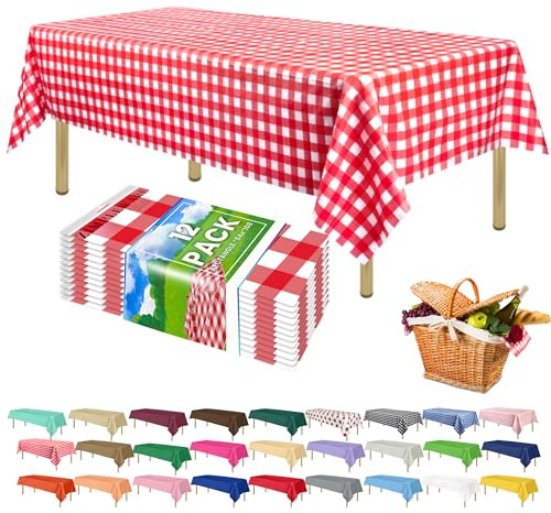 ZIMPLEWARE Premium Red Gingham Checkered Plastic Table Cloth Disposable (12 Pk) Plastic Tablecloths for Rectangle Tables (54in x 108in) Party Table Cloths Disposable for 6ft to 8ft Rectangle Tables