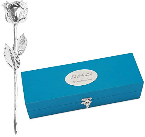 Echte Silberne Rose mit Widmung: Für immer und ewig , überzogen mit 925er Silber, ca. 28 cm lang, inkl. hochwertiger Satin-Geschenkschatulle und Echtheitszertifikat