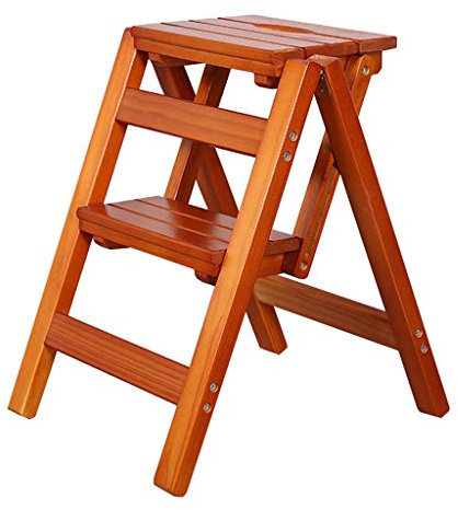ZHZ-DT Leiterstuhl Treppenstuhl Hockerleiter 2 Stufen Klappbar Holz Haushaltsleiter Tritthocker Faltbar Klappleiter Klappstufen für Küche Büro Bibliothek, 150kg Kapazität (Color : Walnut)