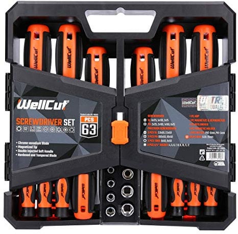 WELLCUT WC-RSD63 63-Piece Precision Ratchet & Non-Slip Handle Screwdriver Set & Magnetic Bit Tips Sturdy Steel in a Portable Case for DIY and Professional Application