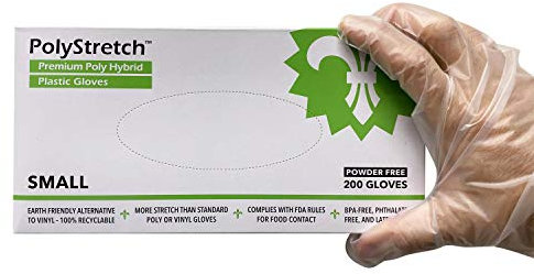 KingSeal PolyStretch TPE Poly Hybrid Disposable Gloves, Powder-Free, Vinyl Glove Substitute, Size Small - 10 Boxes of 200 Gloves By Weight (2000 Count)