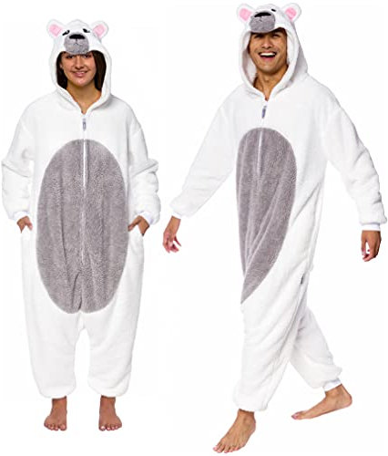 - Bären-Einteiler für Erwachsene aus Sherpa-Fleece, Tier-Halloween-Kostüm, Plüsch-Teddy-Anzug, Cosplay, für Damen und Herren, eisbär, L