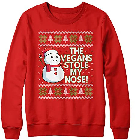 Purple Print House Vegan Snowman Christmas Sweater Mens The Vegans Stole My Nose Christmas Jumper Vegetarian, M, Red