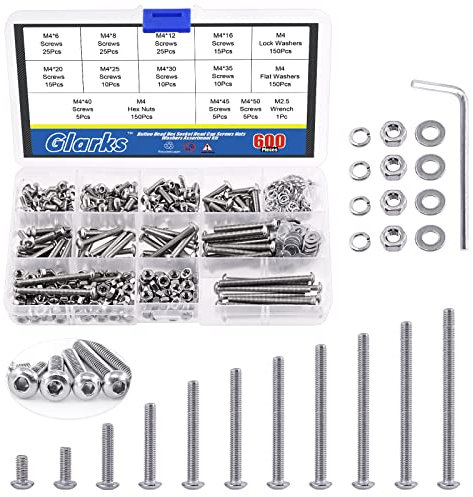 Glarks Lot de 601 Vis Semi-Rondes M4 en Acier Inoxydable 304, à Six Pans Creux, Écrous, Rondelles - Kit d'Assortiment Avec Clé Hexagonale pour Machines, Meubles, Réparation Automobile