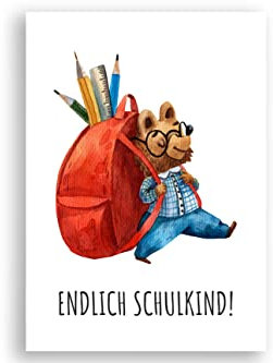 Friendly Fox Karte zur Einschulung, 1x Einschulungskarte DIN A6, alles Gute zum Schulanfang Endlich Schulkind, kleiner Bär