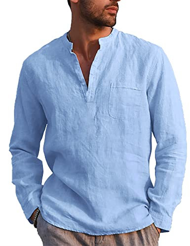 NANAMEEI Mens Band Collar Henley Shirt Summer Lightweight Cotton Linen Shirts Light Blue L