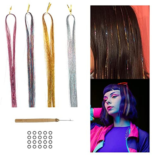 800 Glitzer Haarsträhnen Lametta für Haare 120 cm Tinsel Hair Extensions Glitter Glitzersträhnen Haarverlängerung Fairy Haarlametta Haarextension Kit (Mehrfarbig)