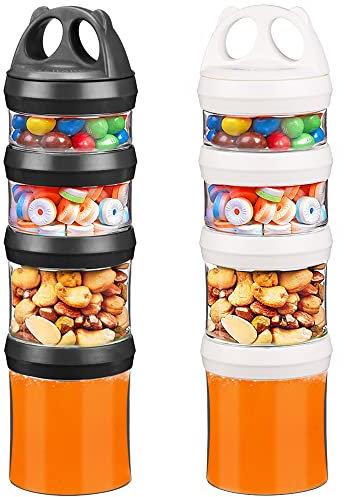 BeneLabel Snackdose Stapelbar, 2er Snackbox mit 4 Fächern Kinder Snackturm Behälter Vorratsdosen Aufbewahrungsbox 917ml Süßigkeiten Formel Reise Artikel Spender für Unterwegs BPA Frei, Weiß/Schwarz
