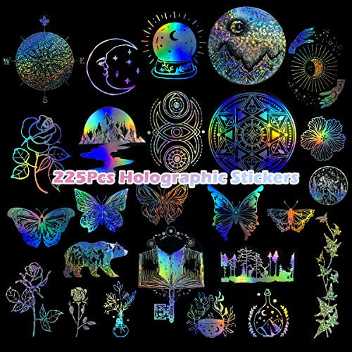 225PCS Holographic Stickers, BOJVESH 5 Themes Glitter Resin Stickers, PET Transparent Decals Sticker Set, Waterproof Resin Decoration Accessories for Art Craft, Scrapbook, Bottles, Laptop