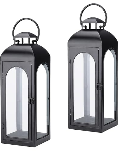 Moderne dekorative Laternen aus schwarzem Metall mit transparenten Glasscheiben für Veranda, Tisch, Kaminsims, Wandbehang oder Garten, 2 Stück