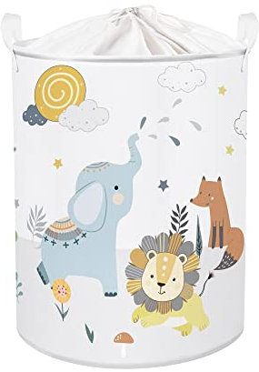 Clastyle Niedliches Tier Kinder Wäschekorb mit Henkel Faltbar Kleidung Spielzeug Aufbewahrungskorb Jungen Mädchen Aufbewahrungsbox für Babyzimmer Bad, Löwe Elefant Fuchs, 36 * 45 cm