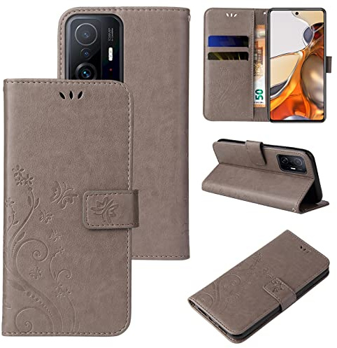 LBH Handy Hülle für Xiaomi 11T / 11T Pro Case Handytasche Schmetterling Blumen Flower Standfunktion Schutzhülle Magnet Rundum Schutz 360 Grad Flipcase Cover Grau