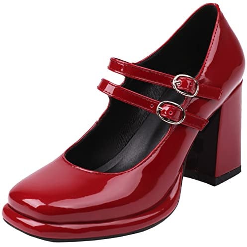 StyliShoes Women Platform Mary Jane Court Shoes with Double Straps and Chunky Heel Red