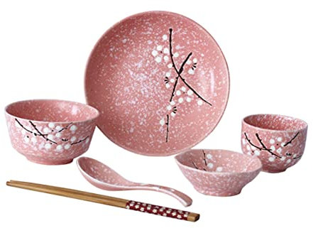 TOPBATHY 6pezzi Tavola Giapponese Ceramica Set Di Piatti Ciotole Tazza e Posate Rosa Per Uso Domestico Facile Da Pulire e Impilabile