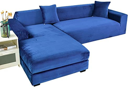 GUYIRT Strecken Sofabezug L Form Samt, L Form Sofa überzug 2 Stück Couchbezug L Form Weicher Möbelschutz Mit Elastischem Boden Für Hunde Und Katzen -Dunkelblau-4+2 Sitzer