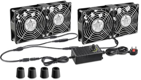 GDSTIME 4 x 120mm Server Fan 120mm x 38mm Computer Case Fan 12V ventilation PC Fans with AC 220V 240V Powered UK Plug 4V-12V Adjustable Speed Controller For Laptop Cabinet Workstation