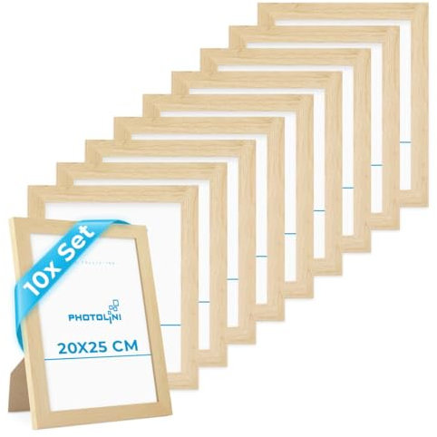 PHOTOLINI Bilderrahmen 20x25 cm MDF-Holz Natur, breite Rahmen, 10er Set, modern, bruchsicheres Acrylglas, zum Aufhängen & Aufstellen, extra Zubehör - für Ihre stilvolle Wanddekoration