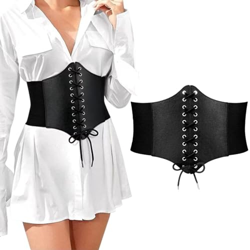 BOZEVON Damen Korsett Gürtel - Schwarz Frauen Tied Waspie Schnürkorsett Gebundener Vintage Elastischen Taille Breiten Band für Tägliches Tragen Cosplay Halloween Kostüm, 103cm