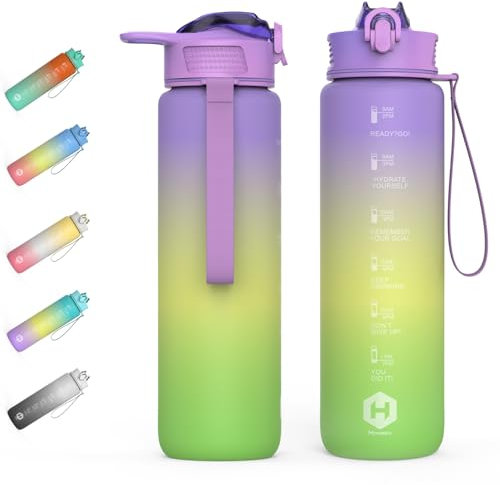 HOMEEX Motivational Fitness Sport Water Bottles with Straw & Time Maker, BPA-free Plastic Drink Bottle 1l Design for Girls, Boy Running,cycling (Grey Yellow & Black (Purple Yellow Green-2N, 1000ML)