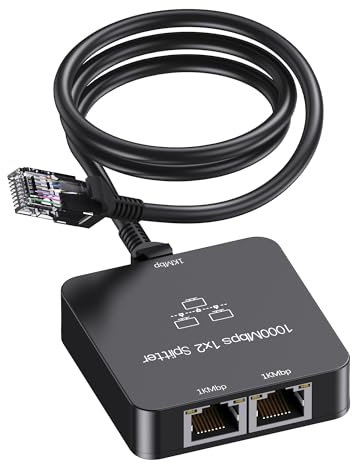 Uzifhdhi LAN Splitter 1 auf 2 mit Ethernet Kabel, Gigabit LAN Switch 2 Port 1000Mbps Ethernet Splitter für Computer, TV, Hub, Switch, Router, Set-Top Box,et. Schwarz