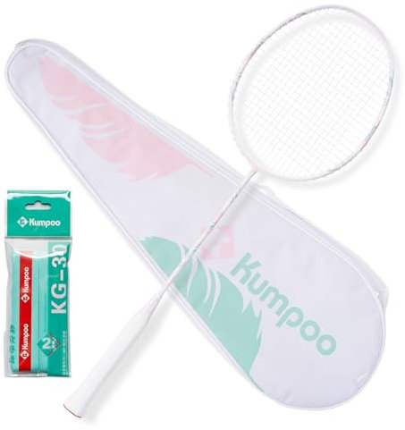 KUMPOO YULING Badmintonschläger Professionell, 5U Kohlefaser Badmintonschläger leicht für Outdoor, Garten, Hinterhof, Pro Badmintonschläger-Set mit Griff und Tasche für Damen, Weiß