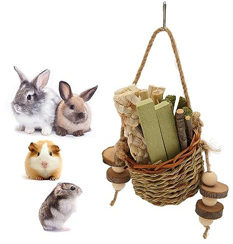 POYHKFD Juguetes para Masticar Hámster, Cesta de Paja Colgante, Palo para Masticar Conejo, Juguetes para Conejos, Juguetes para Hámster, Juguetes para Hámster, Palos de Madera de Manzana, Juguetes Par