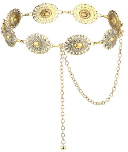 Giantree Western Chain Belt for Women, Silver Concho Link Chain Western Cowgirl Belts for Jeans Dresses(Gold)