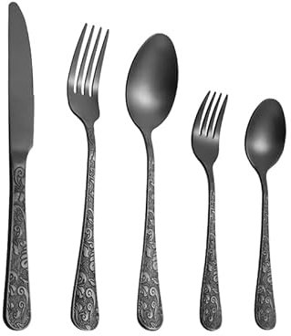 LIKECRAFT Ensemble d'argenterie, 5 pièces Vaisselle complète Ensembles de dîner de Luxe Gravure Couverts en Acier Inoxydable Ensemble de Couverts de Couteau cuillères Fourchette cuillère à thé