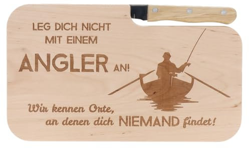 Spruchreif | Brotzeitbrett mit Messer Leg dich nicht mit einem Angler an... – Graviertes Holzbrett mit Angel-Motiv | Witziges Geschenk für Angler & Fischliebhaber