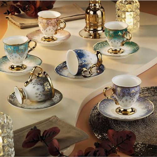 derya home Gonca Porzellan Espressotassen Set Türkische Kaffeetasse 6er Set Tassen und Untertassen (85.0 g) Gold Gemusterte Tassen