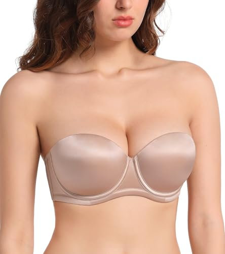 Lemorosy Women's Push Up Strapless Bra Thick Padded Underwire Multiway Convertible Add a Cup(Beige,32D)