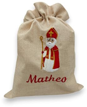 Personalisiertes Nikolaussackerl mit Name - weihnachtliche Bestickung - Motiv röm.-kath. Nikolaus stehend - Nikolaussack - Nikolausbeutel - Jutebeutel