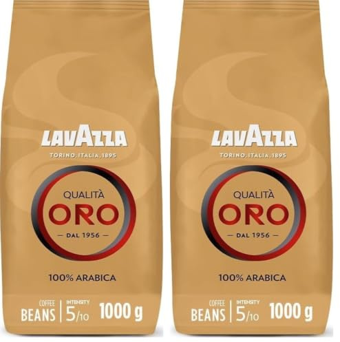 Lavazza, Qualità Oro, Coffee Beans, Ideal for Bean to Cup Machine and a Filter Coffee Machine, with Fruity and Flowery Aromatic Notes, 100% Arabica, Intensity 5/10, Medium Roast, 1 Kg (Pack of 2)