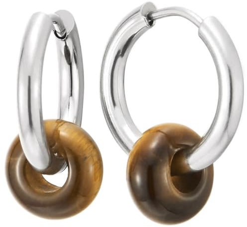 Edelstahl Kreis Tigerauge Stein Wulst Creolen Huggie Ohr Manschette Ohrringe für Herren Damen, 1 Paar