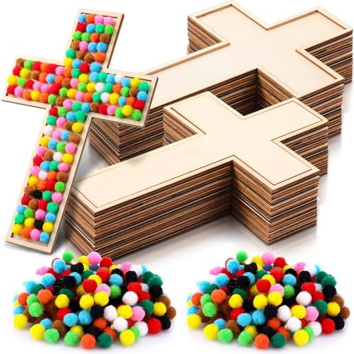 Blueweenly 12 Set 9 Zoll DIY Holzkreuze Bastelsets für christliche Sonntagsschule mit 200 Plüschkugel-Zubehör, geschichtetes Kreuz gerahmtes Kreuz für DIY Handwerk Valentinstag Ostern