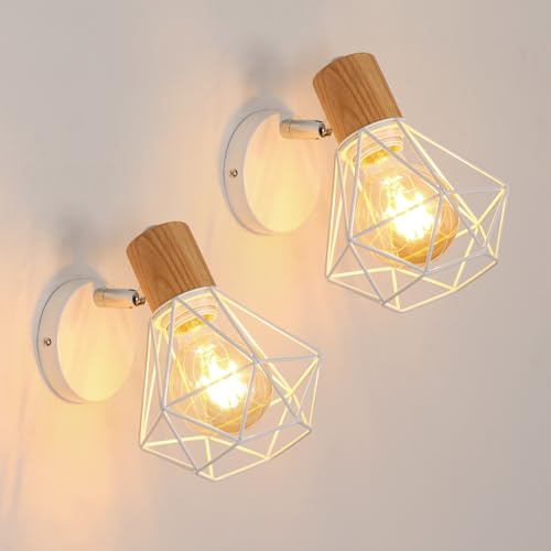 Toolight 2 Wandstrahler Diamant 350° Weiß E27 Wohnzimmer Schlafzimmer | Industrieller Wandstrahler Diamant-Design, Holz Metall, für Wohnzimmer & Büro, ohne Leuchtmittel, 350° verstellbar