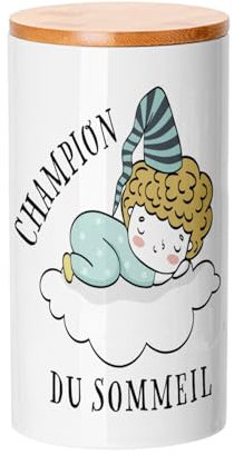 Fabulous Pot en Céramique avec couvercle Bambou - Champion Du Sommeil Dessin Original Mignon Bébé - 887 ml (30 oz) - Bocal à ustensiles