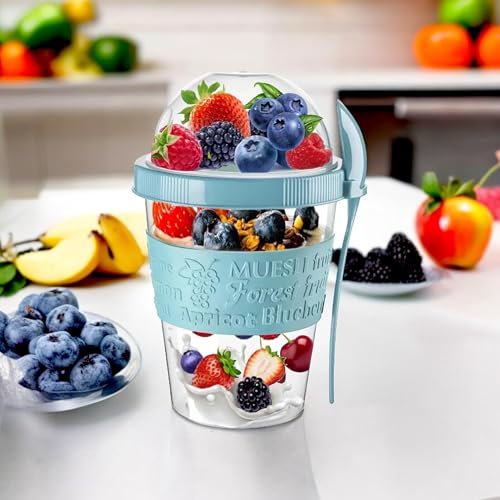 4All Yogurt Pots 20oz With Spoon Reuseable 600ml Museli Cup Cereal Containers Storage With Lid Airtight Overnight Oats Jar BPA Free Breakfast Cup Cereal On The Go Dishwasher Safe (Marble Blue)