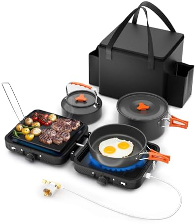 Camping Stove, 2 Burner Propane Stove, 20000 BTU/h Camping Cooking set Includes Frying Pan, Kettle and Pot, Adjustable Burners & Piezo Ignition, Portable stove for camping Outdoor, Black
