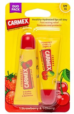 Carmex Lip Balm Tube Set | Strawberry & Cherry | SPF 15 Protection | Soothes and Repairs Dry, Cracked Lips | Intensely Hydrating Flavoured Summer Lip Care Formula (Set of 2)