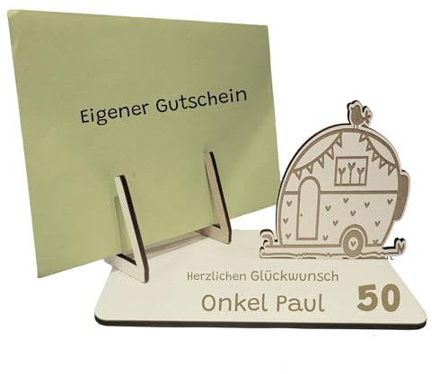 Generisch Personalisierter Holz-Kartenhalter für Gutscheine, Glückwunschkarten mit Wohnwagen-Motiv, Geburtstag