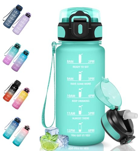 Motswedi Botella Agua, 0.5L Sin BPA, Botella Agua Niños con Pajita, Reutilizable, Botella Agua Gimnasio, a Prueba de Fugas, Botella de Agua, Cantimplora para Gym, Oficina, Escuela, Yoga, Azul Verde