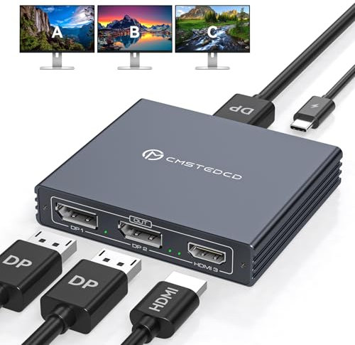 VEDINDUST Répartiteur DisplayPort 1 entrée 3 Sorties DP vers HDMI & DP Adaptateur, 4K@120Hz 4K@60Hz Supporte Les Modes MST et SST Affichage étendu MST pour Windows Uniquement