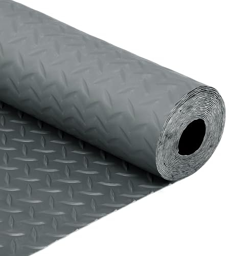 FAHKNS 7.5 X 17 FT Garage Floor Mat, Diamond Plate PVC Flooring Roll Thickened Garage Mats, Heavy Duty Parking Mat Waterproof Non-Slip Floor Protector For Car, Trailer, SUV, Basement, Gym, Shed (Grey)