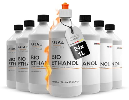 Area52 Bioethanol, 24x1L reiner Ethylalkohol mit 96,6% Reinheitsgrad | 6% Reinheitsgrad, für Ethanolkamine, Tischkamine & Feuerstellen, geruchlos & rußfrei