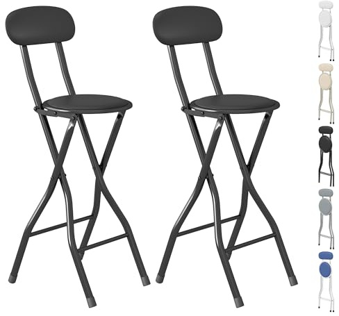 mcc direct Folding Bar Stools Set of 2, Breakfast Barstool Kitchen Restaurant Seating, Faux Leather Foldable Chairs with Metal Frame, Padded High Chairs(Black)